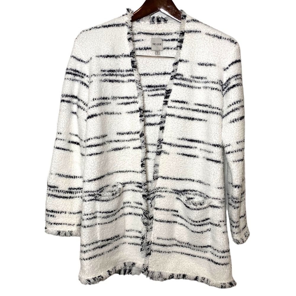 Nic + Zoe Fringe Trim Cardigan, white with black stripes. Size Small.